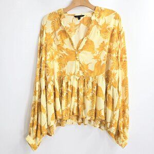 Banana Republic Blouse Women's XL Yellow Floral Long Balloon Sleeve Peplum Hem
